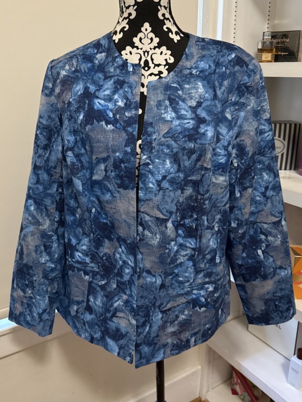 Coldwater Creek Floral Blue White 3/4 Sleeve Crop Jacket Womens Sz 16 Ret $145